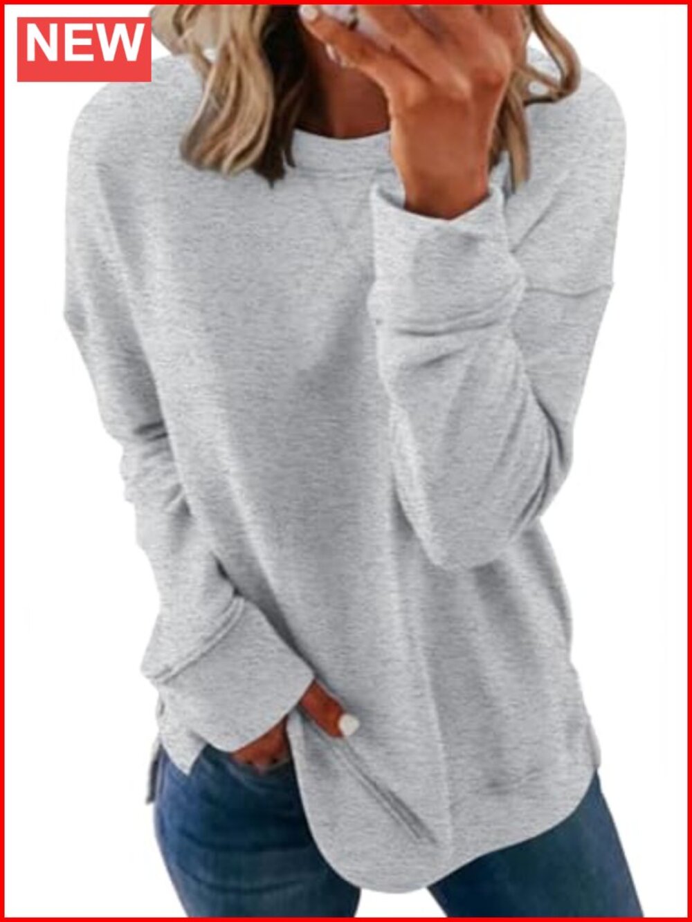 Womens Crewneck Sweatshirt Long Sleeve Side Split Tunic Relaxed Fit